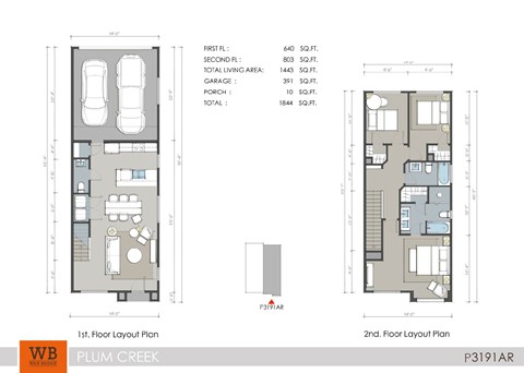 Floor plan for 3 beds, 2.5 baths, 1443 sqft